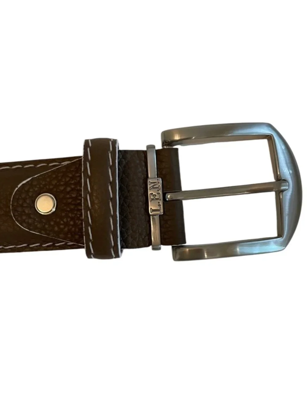 L.E.N. LEN Men's Genuine French Calf Leather Belt Brown with Pebble Grain USA 46